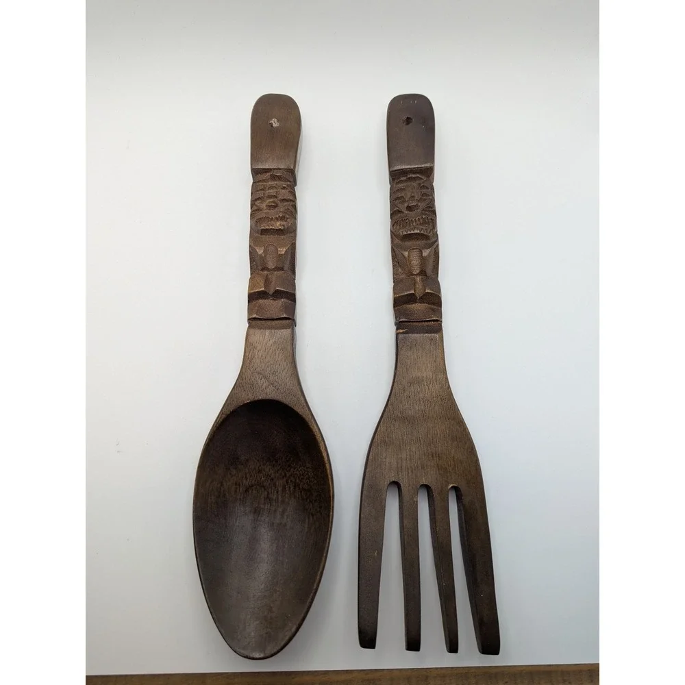 Vintage Tiki Wood Spoon and Fork Set Wall Decor Hawaiian Islands Kitchen Utensil